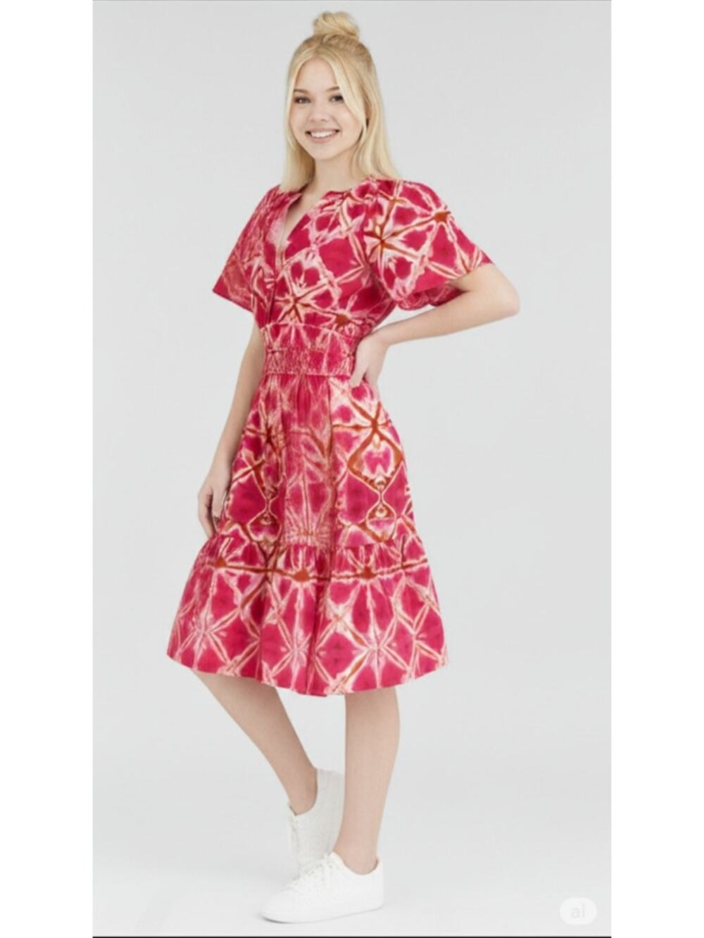 Anthro V-Neck 100% Tie Dye Boho Midi Dress w/ Pockets & Short Puffy Sleeve | S